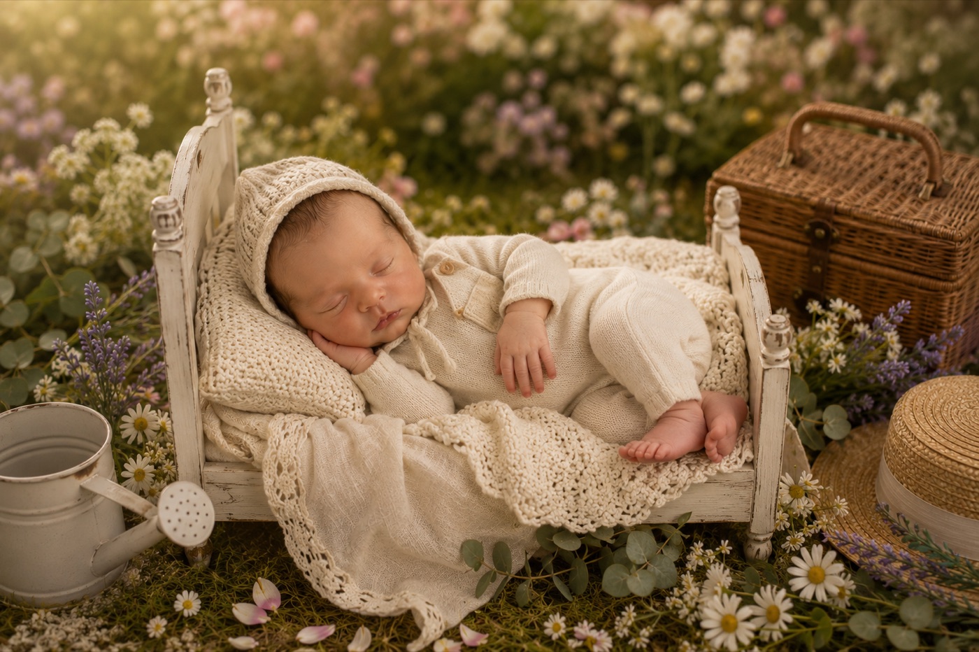 Ensaio newborn digital Fine Art — composição delicada e editorial